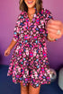 Rose Abstract Print V Neck Collared Half Sleeve Short Dress